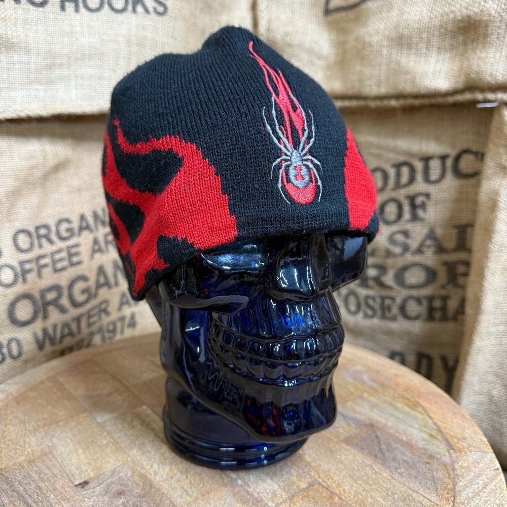 Spyder Beanie Black Widow Y2K Flames Black Red Adult OS Acrylic Knit